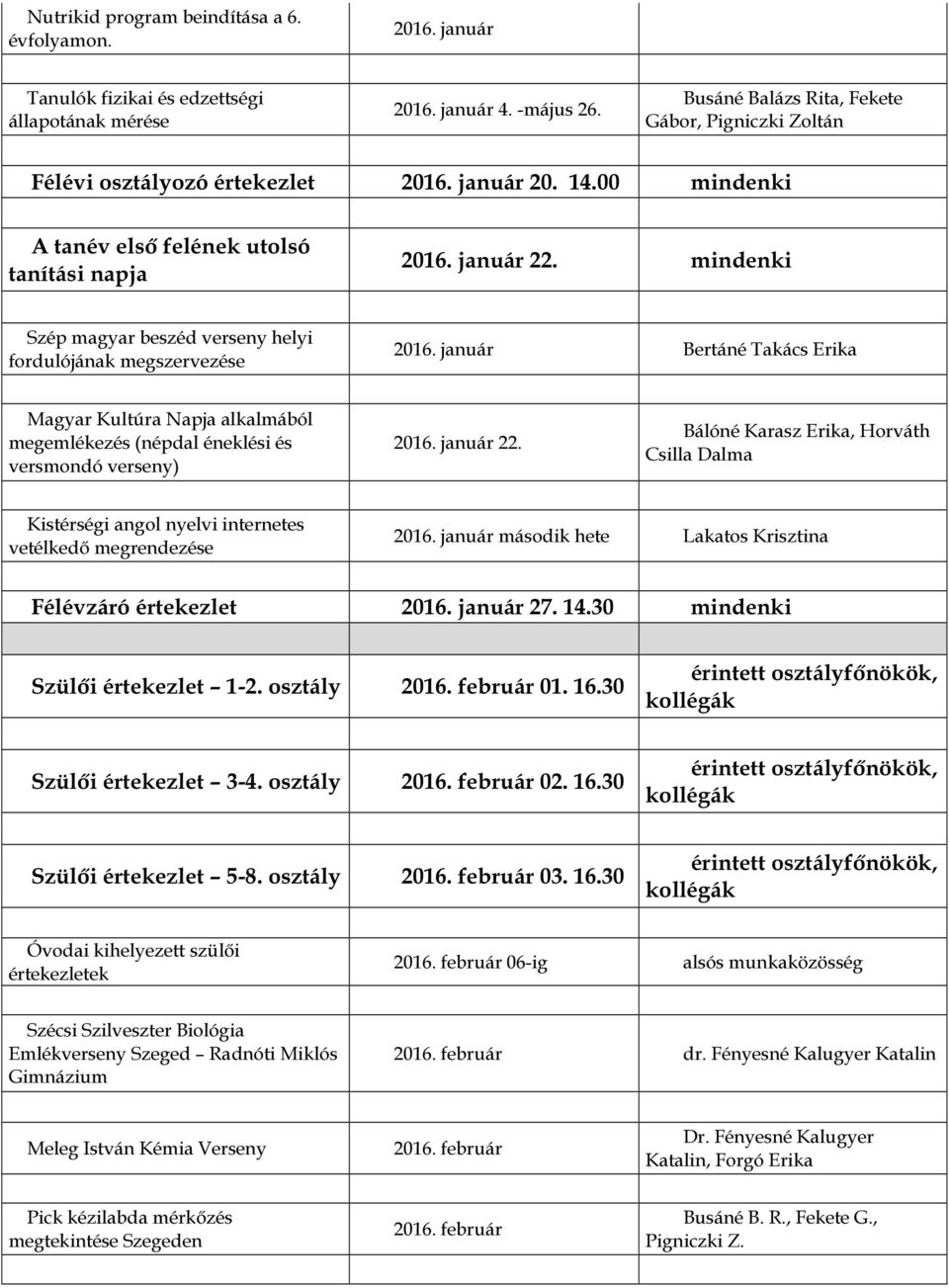 mindenki Szép magyar beszéd verseny helyi fordulójának megszervezése 2016. január Bertáné Takács Erika Magyar Kultúra Napja alkalmából megemlékezés (népdal éneklési és versmondó verseny) 2016.