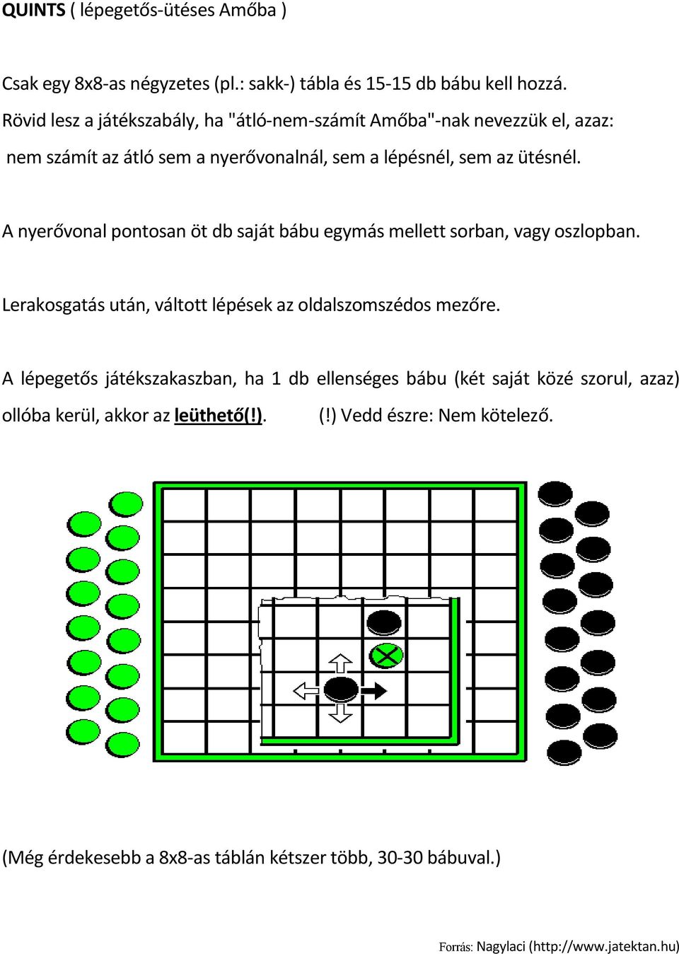 A nyerővonal pontosan öt db saját bábu egymás mellett sorban, vagy oszlopban. Lerakosgatás után, váltott lépések az oldalszomszédos mezőre.