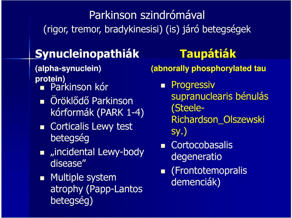 Lewy-body disease Multiple system atrophy (Papp-Lantos betegség) Taupátiák (abnorally phosphorylated tau