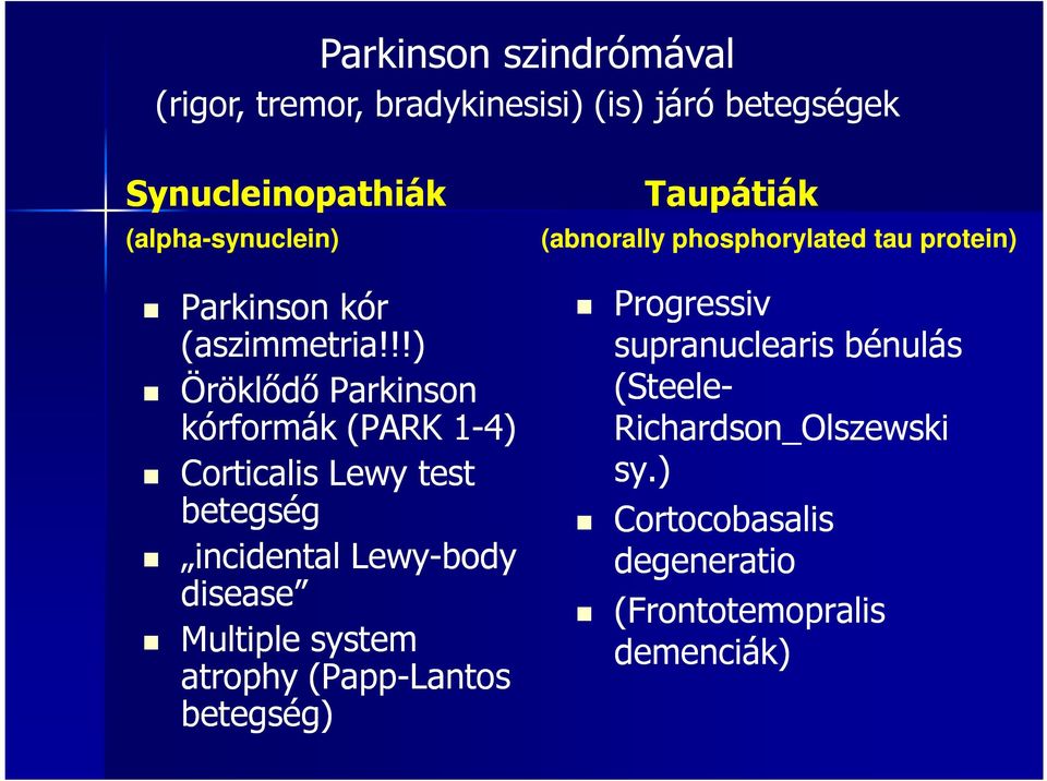 !!) Öröklődő Parkinson kórformák (PARK 1-4) Corticalis Lewy test betegség incidental Lewy-body disease Multiple