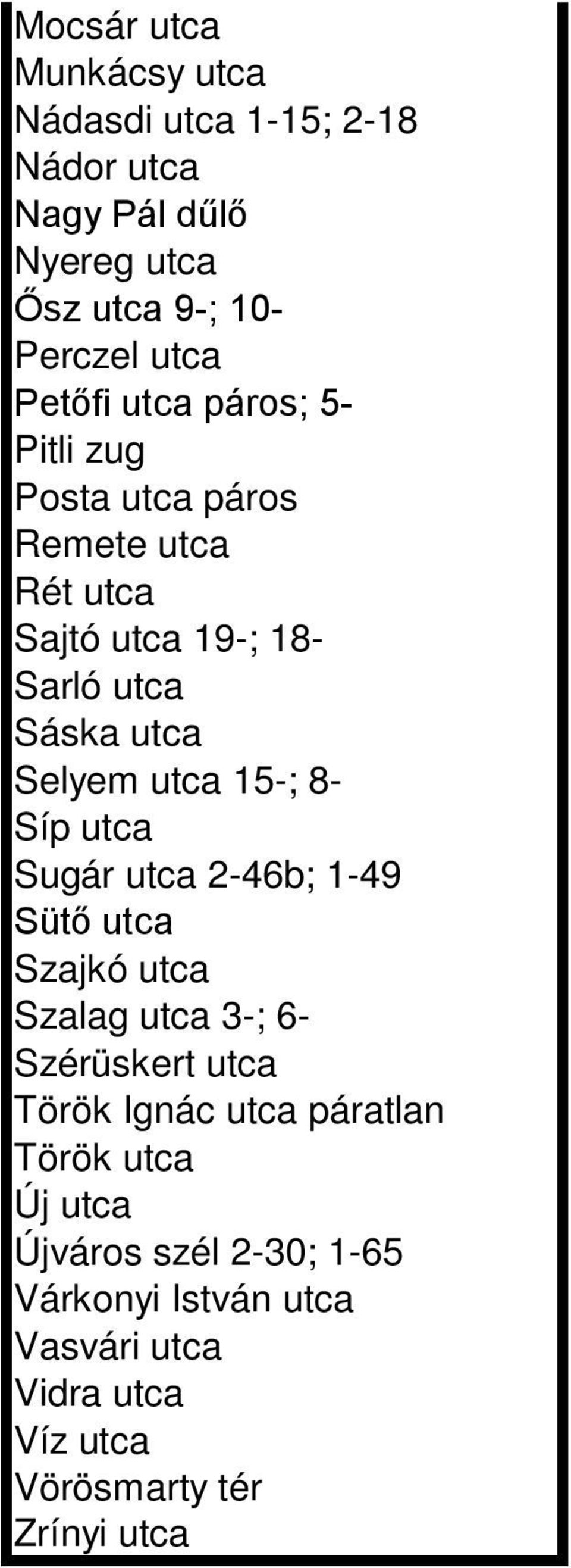 utca 15-; 8- Síp utca Sugár utca 2-46b; 1-49 Sütő utca Szajkó utca Szalag utca 3-; 6- Szérüskert utca Török Ignác utca