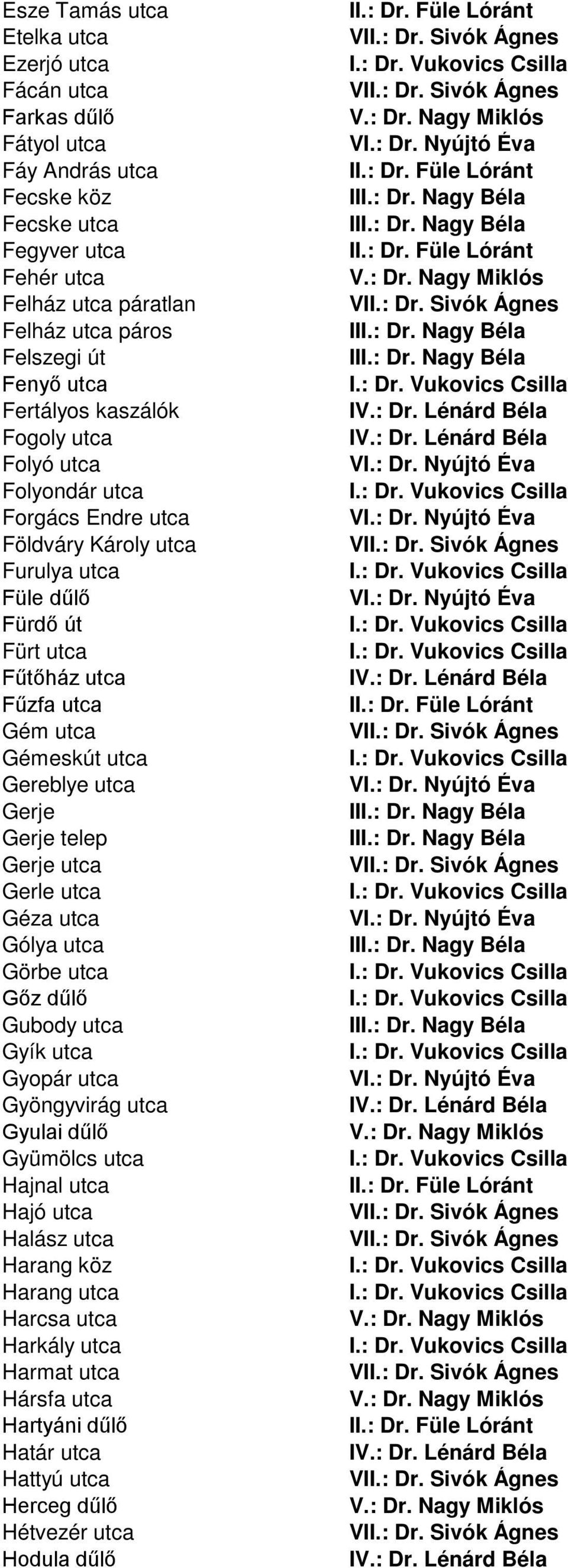 utca Gém utca Gémeskút utca Gereblye utca Gerje Gerje telep Gerje utca Gerle utca Géza utca Gólya utca Görbe utca Gőz dűlő Gubody utca Gyík utca Gyopár utca Gyöngyvirág utca Gyulai