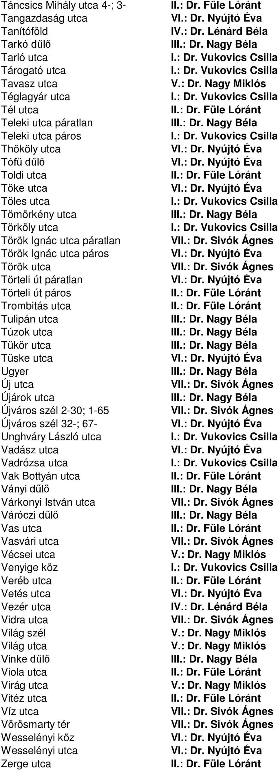 utca Tüske utca Ugyer Új utca Újárok utca Újváros szél 2-30; 1-65 Újváros szél 32-; 67- Unghváry László utca Vadász utca Vadrózsa utca Vak Bottyán utca Ványi dűlő Várkonyi István utca Váróczi dűlő