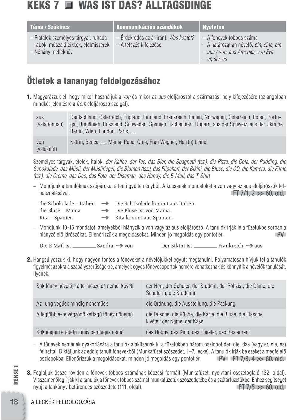 A tetszés kifejezése A fônevek többes száma A határozatlan névelô: ein, eine, ein aus / von: aus Amerika, von Eva er, sie, es Ötletek a tananyag feldolgozásához 1.