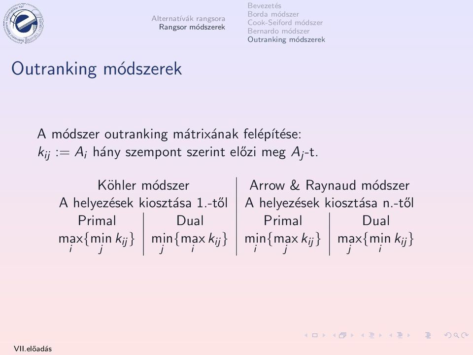 Köhler módszer Arrow & Raynaud módszer A helyezések kiosztása 1.