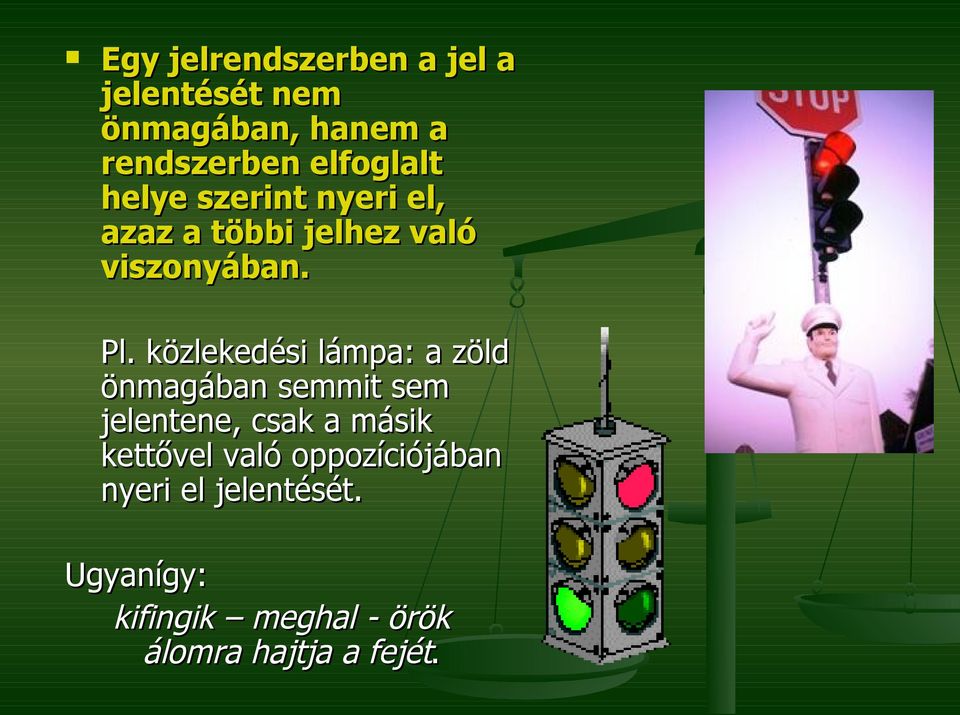 közlekedési lámpa: a zöld önmagában semmit sem jelentene, csak a másik kettővel
