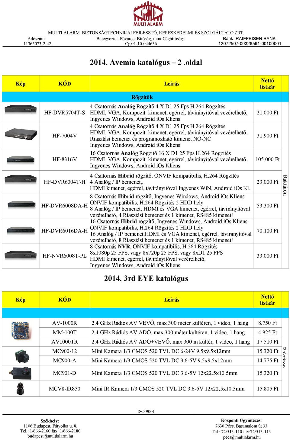 264 Rögzítés HDMI, VGA, Kompozit kimenet, egérrel, távirányítóval vezérelhető, HF-7004V Riasztási bemenet és programozható kimenet NO-NC Ingyenes Windows, Android ios Kliens 16 Csatornás Analóg