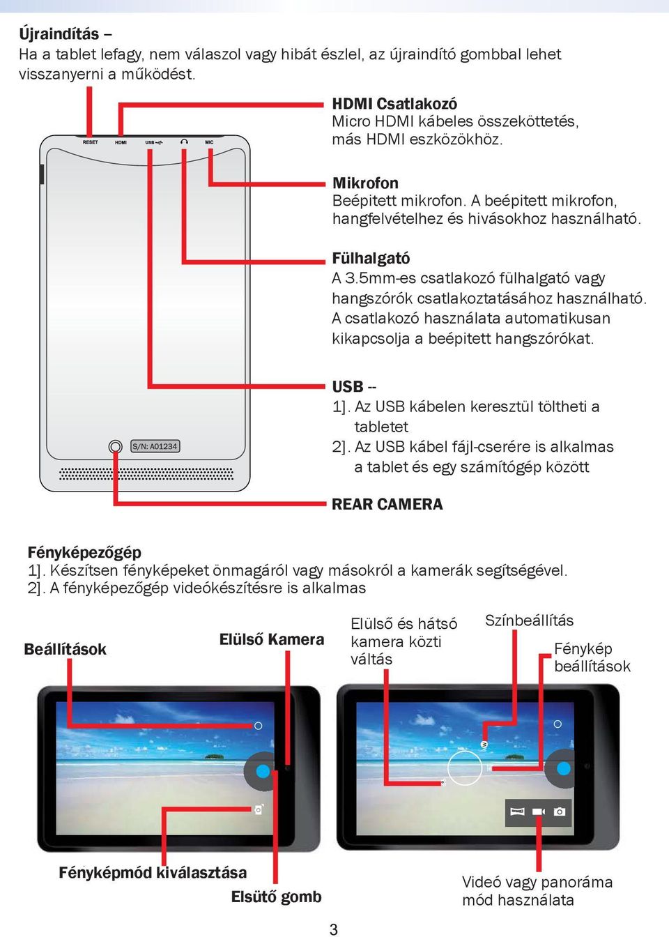 A csatlakozó használata automatikusan kikapcsolja a beépitett hangszórókat. USB -- 1]. Az USB kábelen keresztül töltheti a tabletet 2].