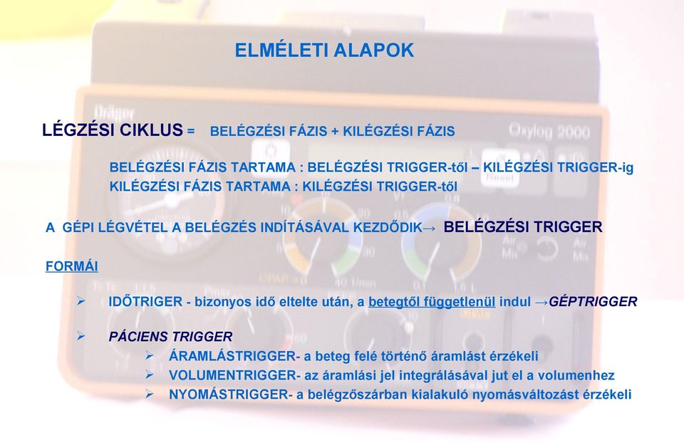 IDŐTRIGER - bizonyos idő eltelte után, a betegtől függetlenül indul GÉPTRIGGER PÁCIENS TRIGGER ÁRAMLÁSTRIGGER- a beteg felé történő