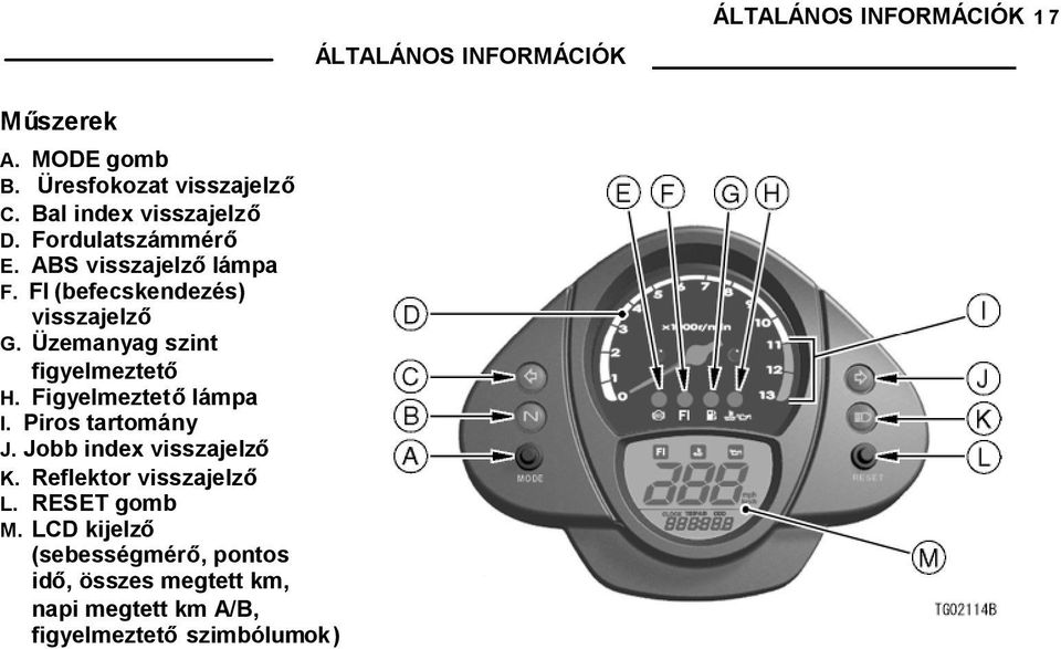 Üzemanyag szint figyelmeztető H. Figyelmeztetőlámpa I. Piros tartomány J. Jobb index visszajelző K.