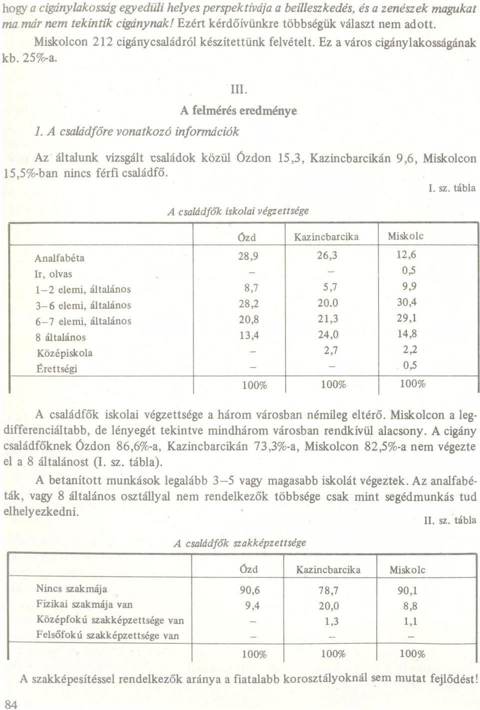 csládfőre vontkozó információk felmérés eredménye z áltlunk vizsgált csládok közül Ózdon l5,3, Kzincbrcikán 9,6, Miskolcon 15,5%bn nincs férfi csládfő. r I. sz.