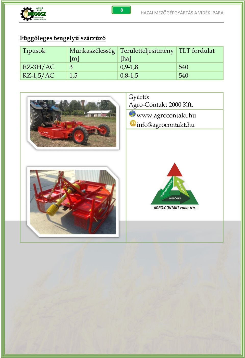 fordulat [m] [ha] RZ-3H/AC 3 0,9-1,8 540 RZ-1,5/AC 1,5