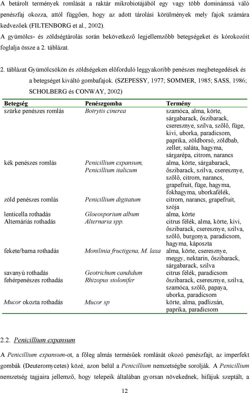 (SZEPESSY, 1977; SOMMER, 1985; SASS, 1986; SCHOLBERG és CONWAY, 2002) Betegség Penészgomba Termény szürke penészes romlás Botrytis cinerea szamóca, alma, körte, sárgabarack, 9szibarack, cseresznye,