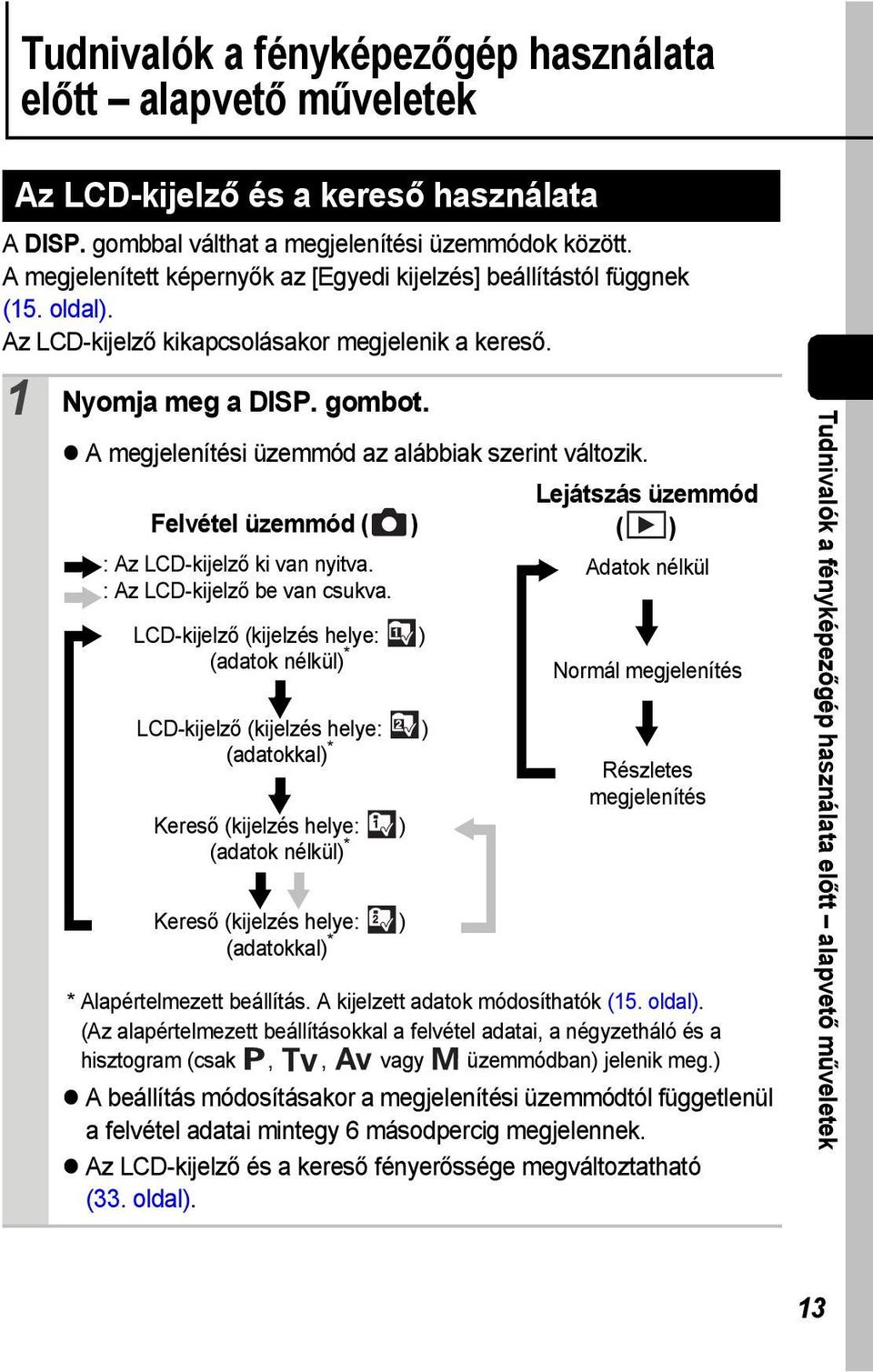 A megjelenítési üzemmód az alábbiak szerint változik. Lejátszás üzemmód Felvétel üzemmód ( ) ( ) : Az LCD-kijelző ki van nyitva. Adatok nélkül : Az LCD-kijelző be van csukva.