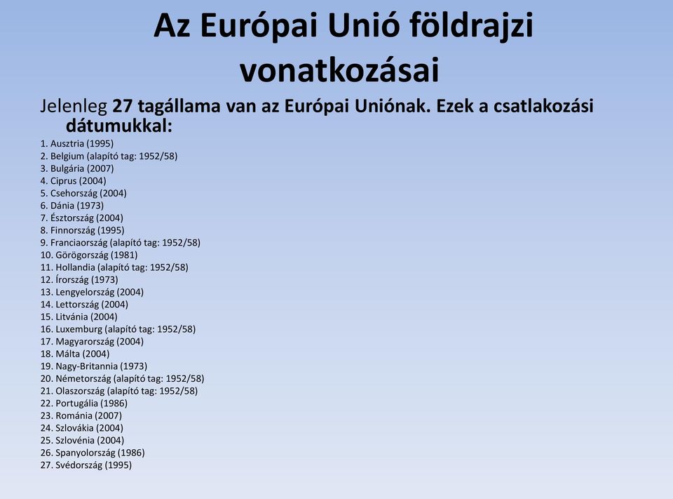 Írország (1973) 13. Lengyelország (2004) 14. Lettország (2004) 15. Litvánia (2004) 16. Luxemburg (alapító tag: 1952/58) 17. Magyarország (2004) 18. Málta (2004) 19. Nagy-Britannia (1973) 20.