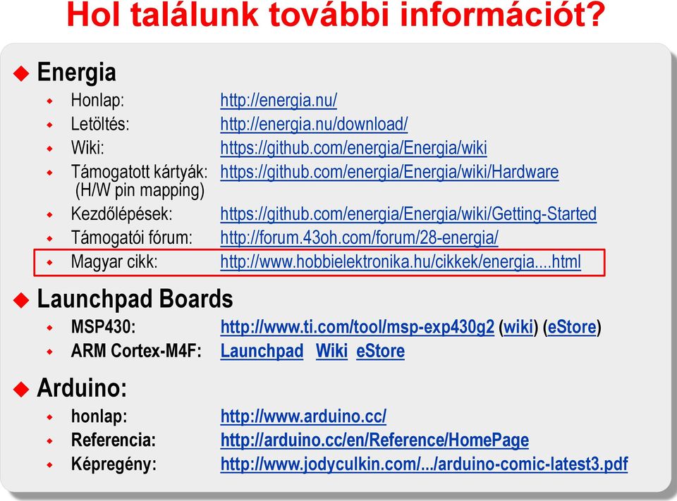 com/energia/energia/wiki/getting-started Támogatói fórum: http://forum.43oh.com/forum/28-energia/ Magyar cikk: http://www.hobbielektronika.hu/cikkek/energia.