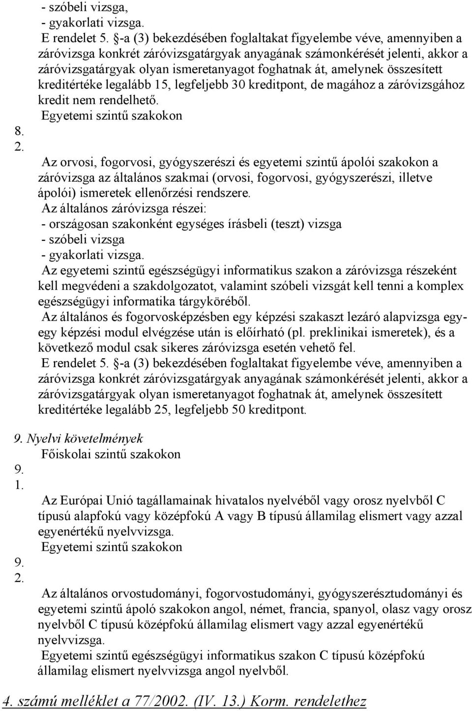 amelynek összesített kreditértéke legalább 15, legfeljebb 30 kreditpont, de magához a záróvizsgához kredit nem rendelhető.