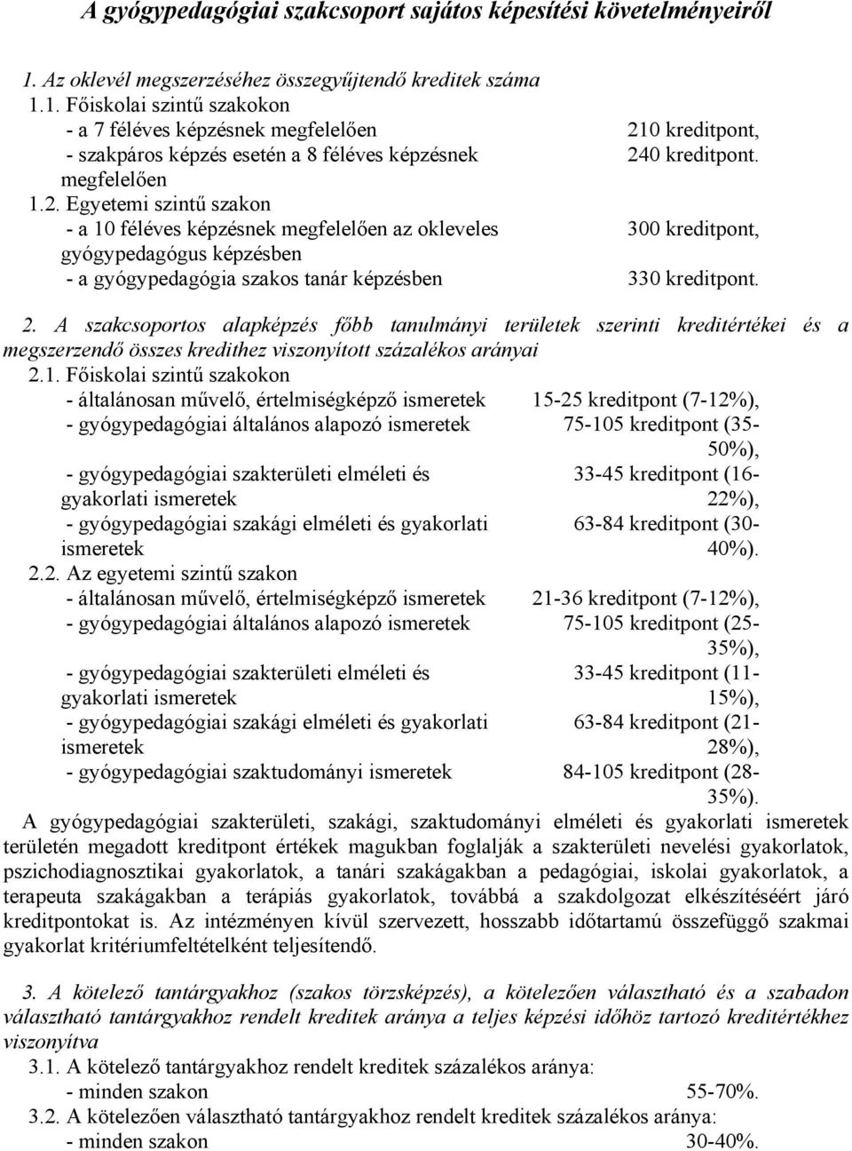 megfelelően 1.2. Egyetemi szintű szakon - a 10 féléves képzésnek megfelelően az okleveles 300 kreditpont, gyógypedagógus képzésben - a gyógypedagógia szakos tanár képzésben 330 kreditpont. 2.