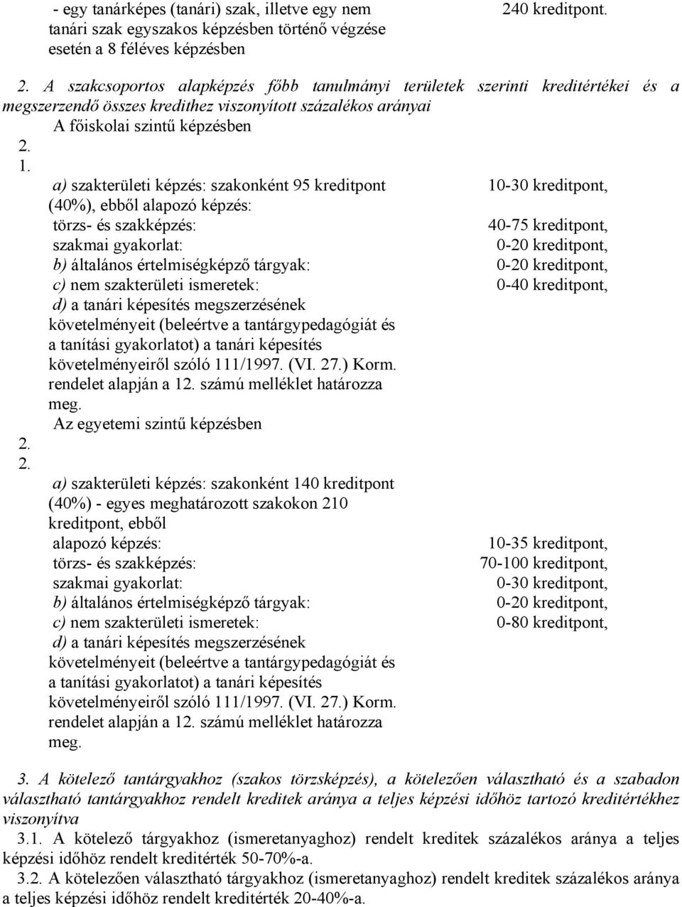 a) szakterületi képzés: szakonként 95 kreditpont 10-30 kreditpont, (40%), ebből alapozó képzés: törzs- és szakképzés: 40-75 kreditpont, szakmai gyakorlat: 0-20 kreditpont, b) általános