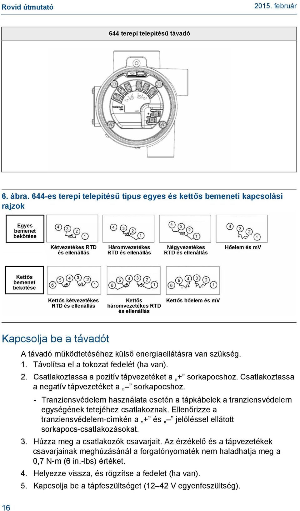 és mv Kettős bemenet bekötése Kettős kétvezetékes RTD és ellenállás Kettős háromvezetékes RTD és ellenállás Kettős hőelem és mv Kapcsolja be a távadót 16 A távadó működtetéséhez külső