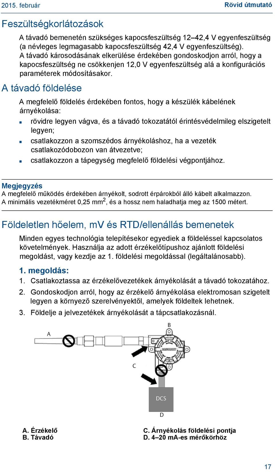 A távadó földelése A megfelelő földelés érdekében fontos, hogy a készülék kábelének árnyékolása: rövidre legyen vágva, és a távadó tokozatától érintésvédelmileg elszigetelt legyen; csatlakozzon a