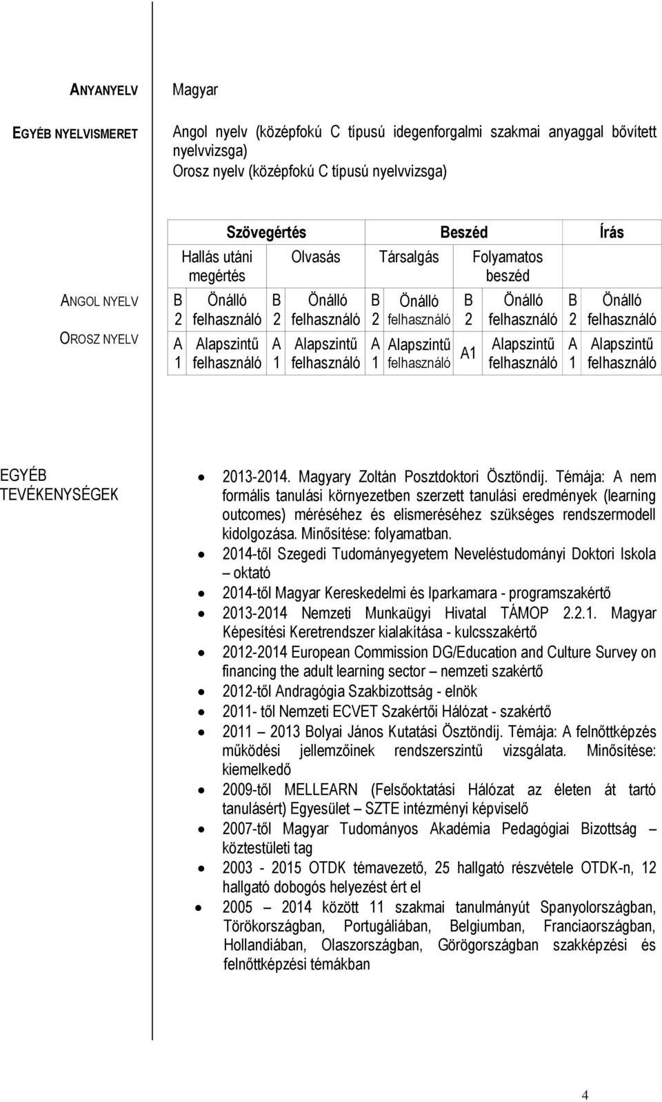 Témája: nem formális tanulási környezetben szerzett tanulási eredmények (learning outcomes) méréséhez és elismeréséhez szükséges rendszermodell kidolgozása. Minősítése: folyamatban.
