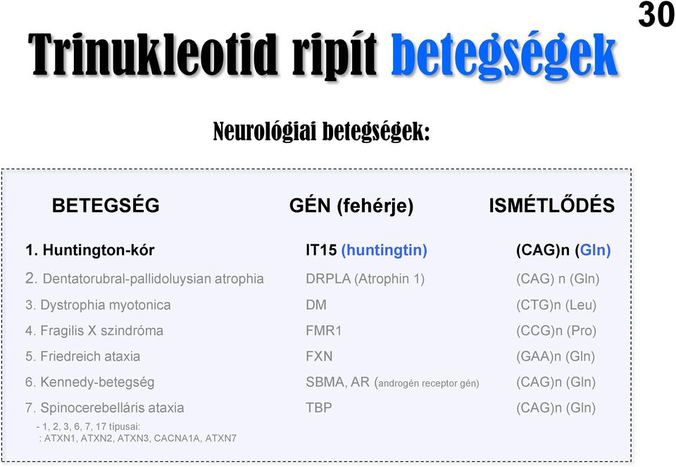 Dystrophia myotonica DM (CTG)n (Leu) 4. Fragilis X szindróma FMR1 (CCG)n (Pro) 5. Friedreich ataxia FXN (GAA)n (Gln) 6.