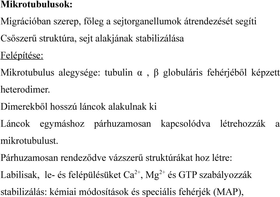 Dimerekből hosszú láncok alakulnak ki Láncok egymáshoz párhuzamosan kapcsolódva létrehozzák a mikrotubulust.