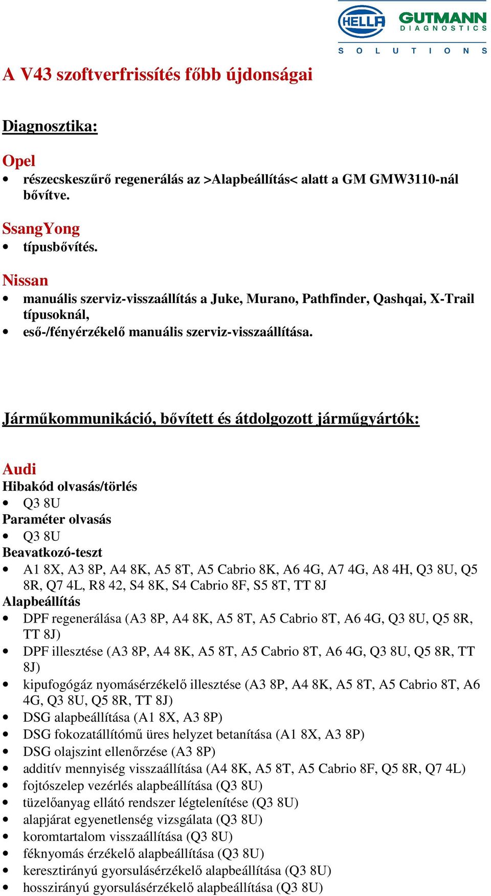 Járműkommunikáció, bővített és átdolgozott járműgyártók: Audi Q3 8U Q3 8U A1 8X, A3 8P, A4 8K, A5 8T, A5 Cabrio 8K, A6 4G, A7 4G, A8 4H, Q3 8U, Q5 8R, Q7 4L, R8 42, S4 8K, S4 Cabrio 8F, S5 8T, TT 8J