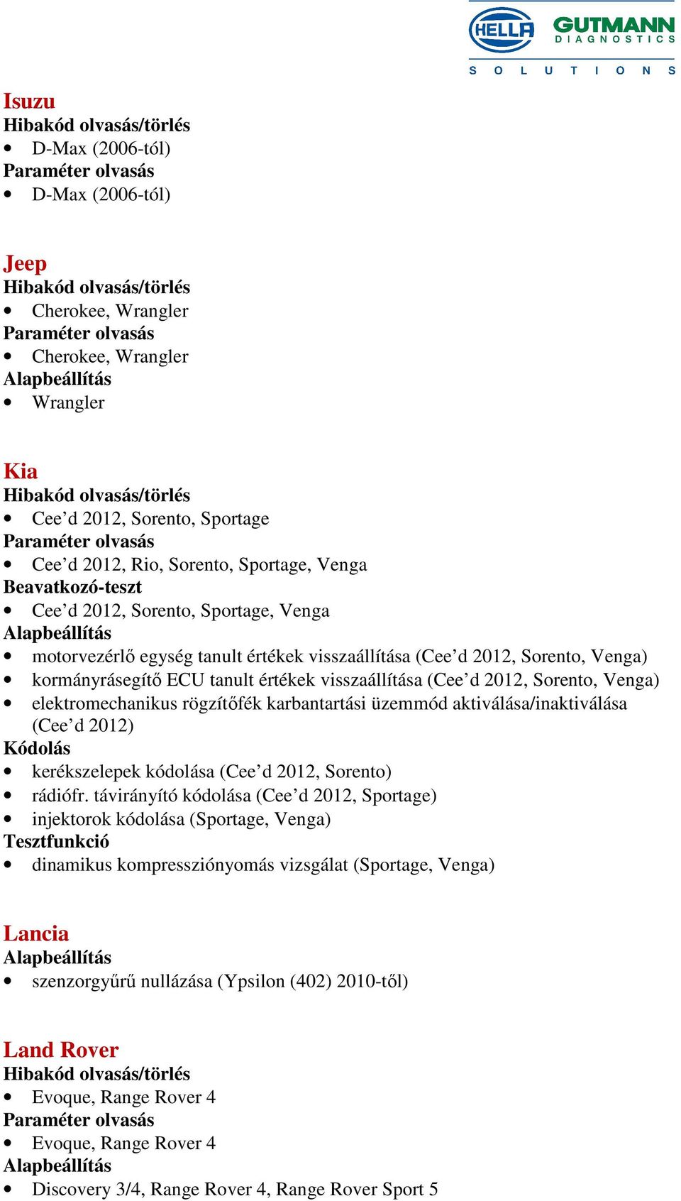 karbantartási üzemmód aktiválása/inaktiválása (Cee d 2012) kerékszelepek kódolása (Cee d 2012, Sorento) rádiófr.