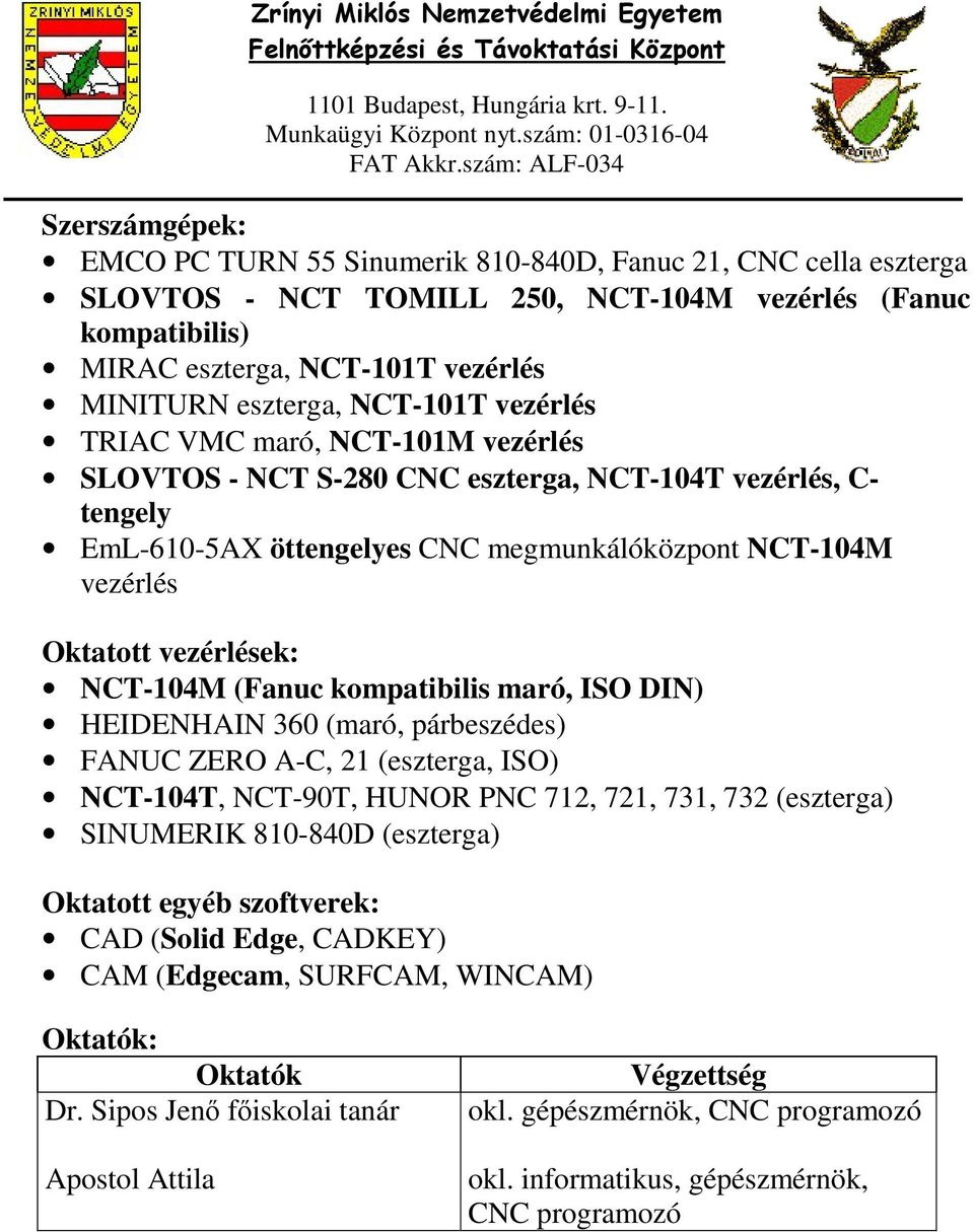 (Fanuc kompatibilis maró, ISO DIN) HEIDENHAIN 360 (maró, párbeszédes) FANUC ZERO A-C, 1 (eszterga, ISO) NCT-10T, NCT-90T, HUNOR PNC 71, 71, 731, 73 (eszterga) SINUMERIK 10-0D (eszterga) Oktatott