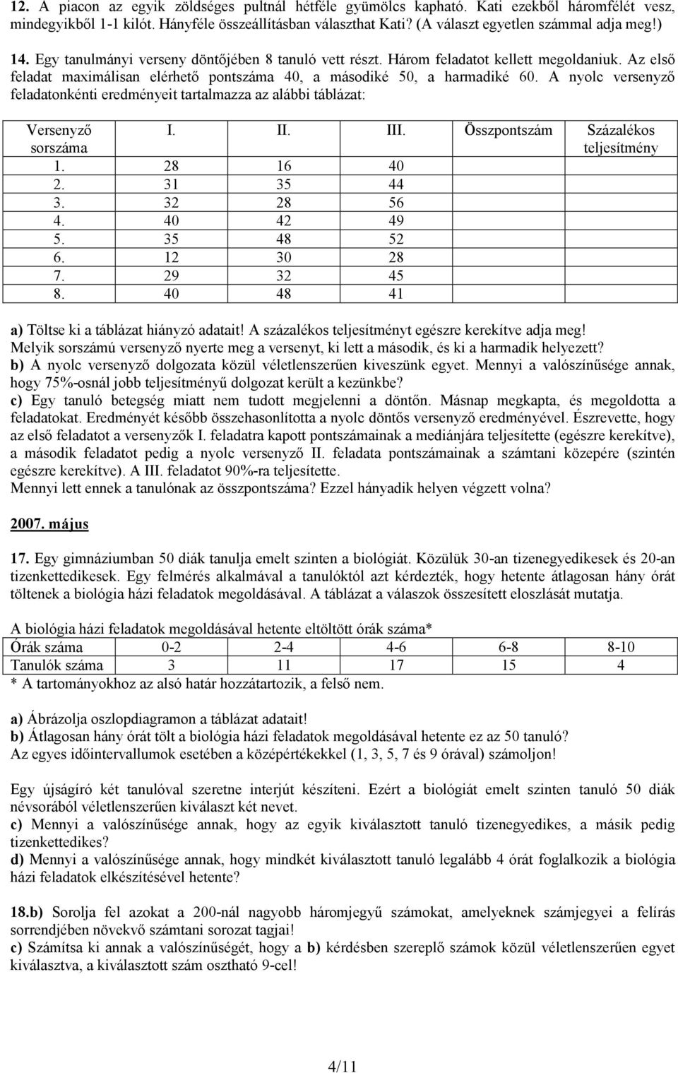 A nyolc versenyző feladatonkénti eredményeit tartalmazza az alábbi táblázat: Versenyző sorszáma I. II. III. Összpontszám Százalékos teljesítmény 1. 28 16 40 2. 31 35 44 3. 32 28 56 4. 40 42 49 5.