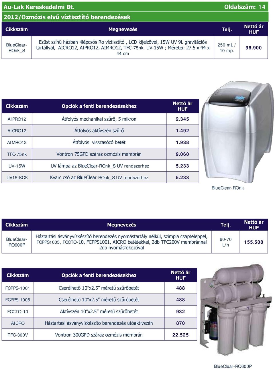 5 x 44 x 44 cm 250 ml / 10 mp. 96.900 Opciók a fenti berendezésekhez AIPRO12 Átfolyós mechanikai szűrő, 5 mikron 2.345 AICRO12 Átfolyós aktívszén szűrő 1.492 AIMRO12 Átfolyós visszasózó betét 1.