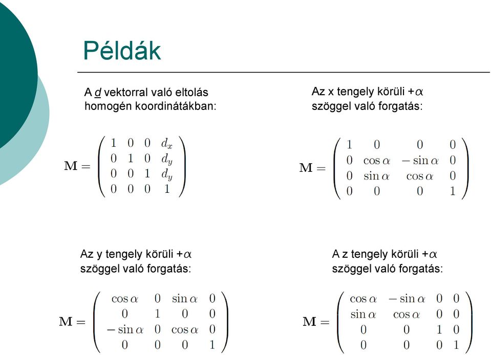 való forgatás: Az y tengely körüli +a szöggel