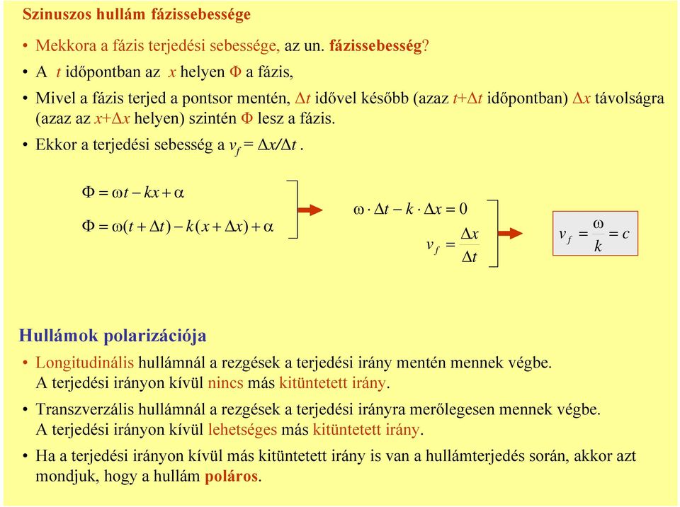 A t időpontban az x helyen Φ a fázis, Mivel a fázis terjed a pontsor entén, t idővel később (azaz t+ t időpontban) x távolságra (azaz az x+ x helyen) szintén Φ lesz a fázis.