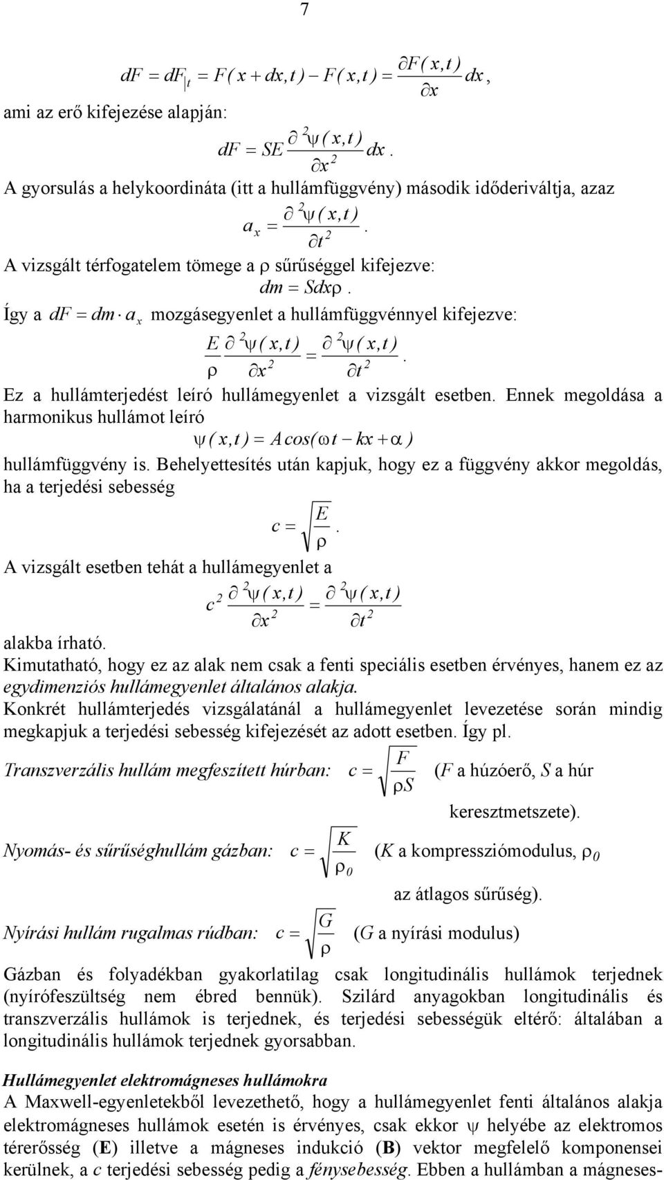 ρ Ez a hullámterjedést leíró hullámegyenlet a vizsgált esetben. Ennek megoldása a harmonikus hullámot leíró ψ ( x, = Aos( ωt kx + α ) hullámfüggvény is.