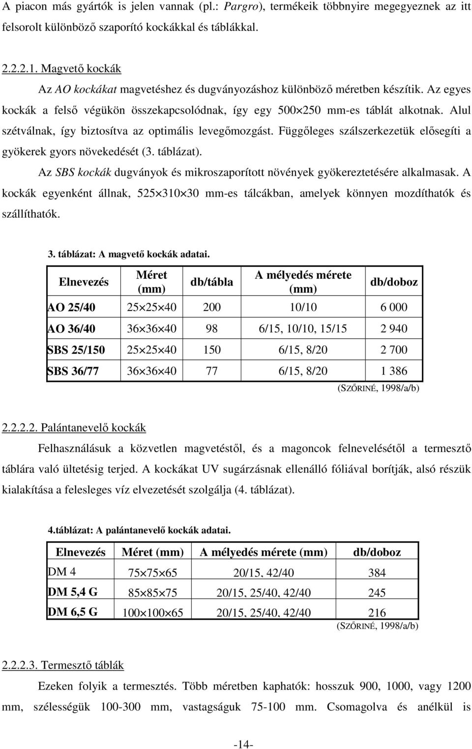 Alul szétválnak, így biztosítva az optimális levegımozgást. Függıleges szálszerkezetük elısegíti a gyökerek gyors növekedését (3. táblázat).