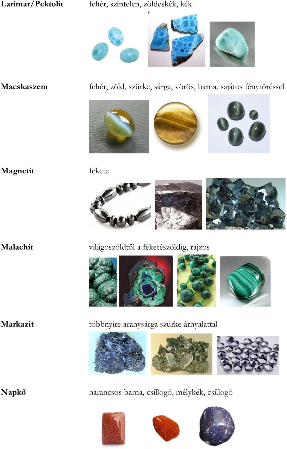Malachit világoszöldtıl a feketészöldig, rajzos Markazit többnyire