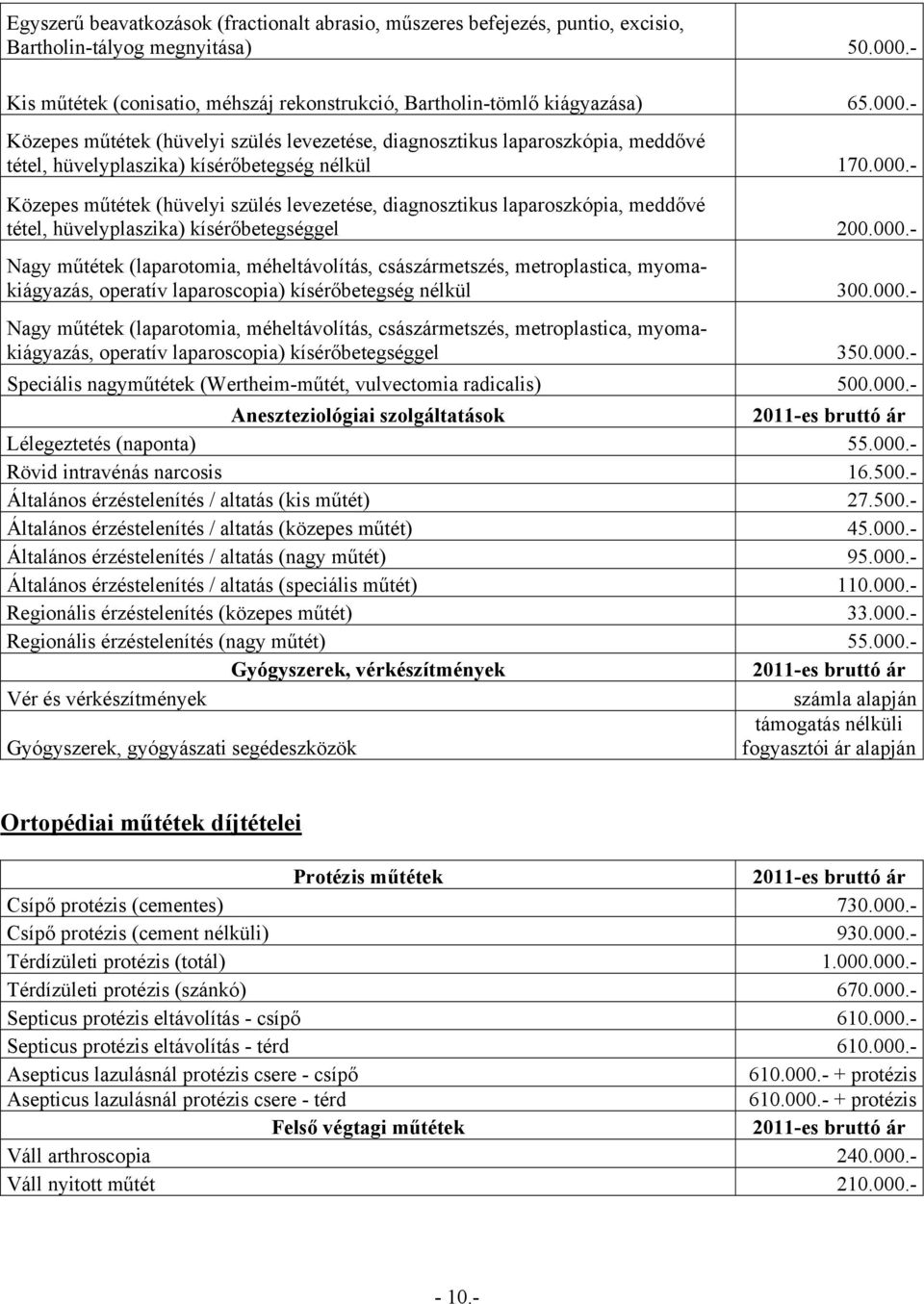 000.- Nagy műtétek (laparotomia, méheltávolítás, császármetszés, metroplastica, myomakiágyazás, operatív laparoscopia) kísérőbetegség nélkül 300.000.- Nagy műtétek (laparotomia, méheltávolítás, császármetszés, metroplastica, myomakiágyazás, operatív laparoscopia) kísérőbetegséggel 350.