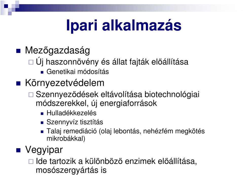 energiaforrások Hulladékkezelés Szennyvíz tisztítás Talaj remediáció (olaj lebontás,