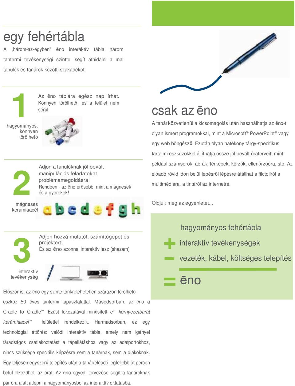 hagyományos, könnyen törölhetı csak az ēno A tanár közvetlenül a kicsomagolás után használhatja az ēno-t olyan ismert programokkal, mint a Microsoft PowerPoint vagy egy web böngészı.