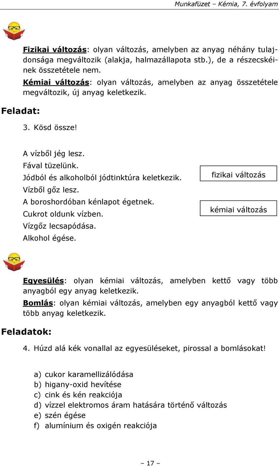 Vízből gőz lesz. A boroshordóban kénlapot égetnek. Cukrot oldunk vízben. Vízgőz lecsapódása. Alkohol égése.