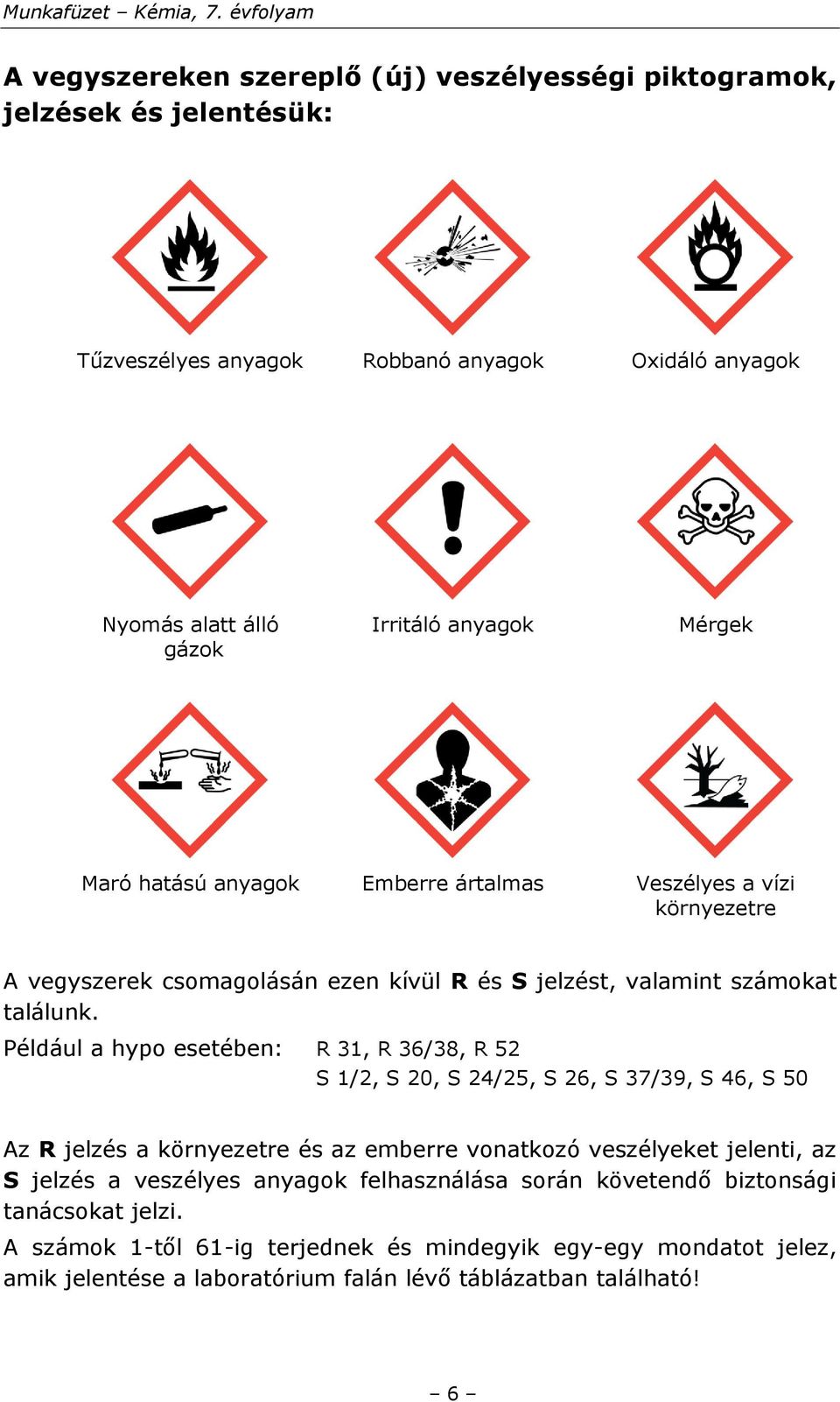 Például a hypo esetében: R 31, R 36/38, R 52 S 1/2, S 20, S 24/25, S 26, S 37/39, S 46, S 50 Az R jelzés a környezetre és az emberre vonatkozó veszélyeket jelenti, az S jelzés a