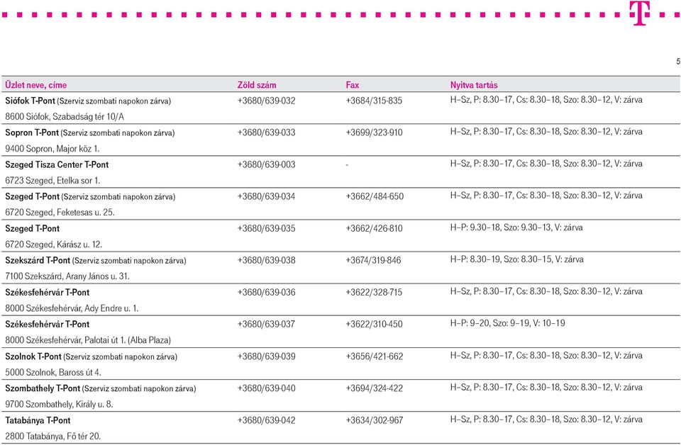 30 12, V: zárva 9400 Sopron, Major köz 1. Szeged Tisza Center T-Pont +3680/639-003 - H Sz, P: 8.30 17, Cs: 8.30 18, Szo: 8.30 12, V: zárva 6723 Szeged, Etelka sor 1.