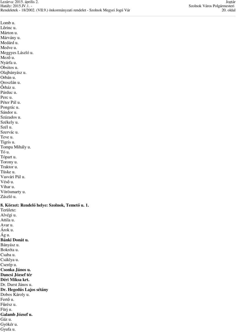 Vihar u. Vörösmarty u. Zászló u. 8. Körzet: Rendelő helye: Szolnok, Temető u. 1. Alvégi u. Attila u. Avar u. Árok u. Ág u. Bánki Donát u. Bányász u. Bokréta u. Csaba u. Csáklya u.