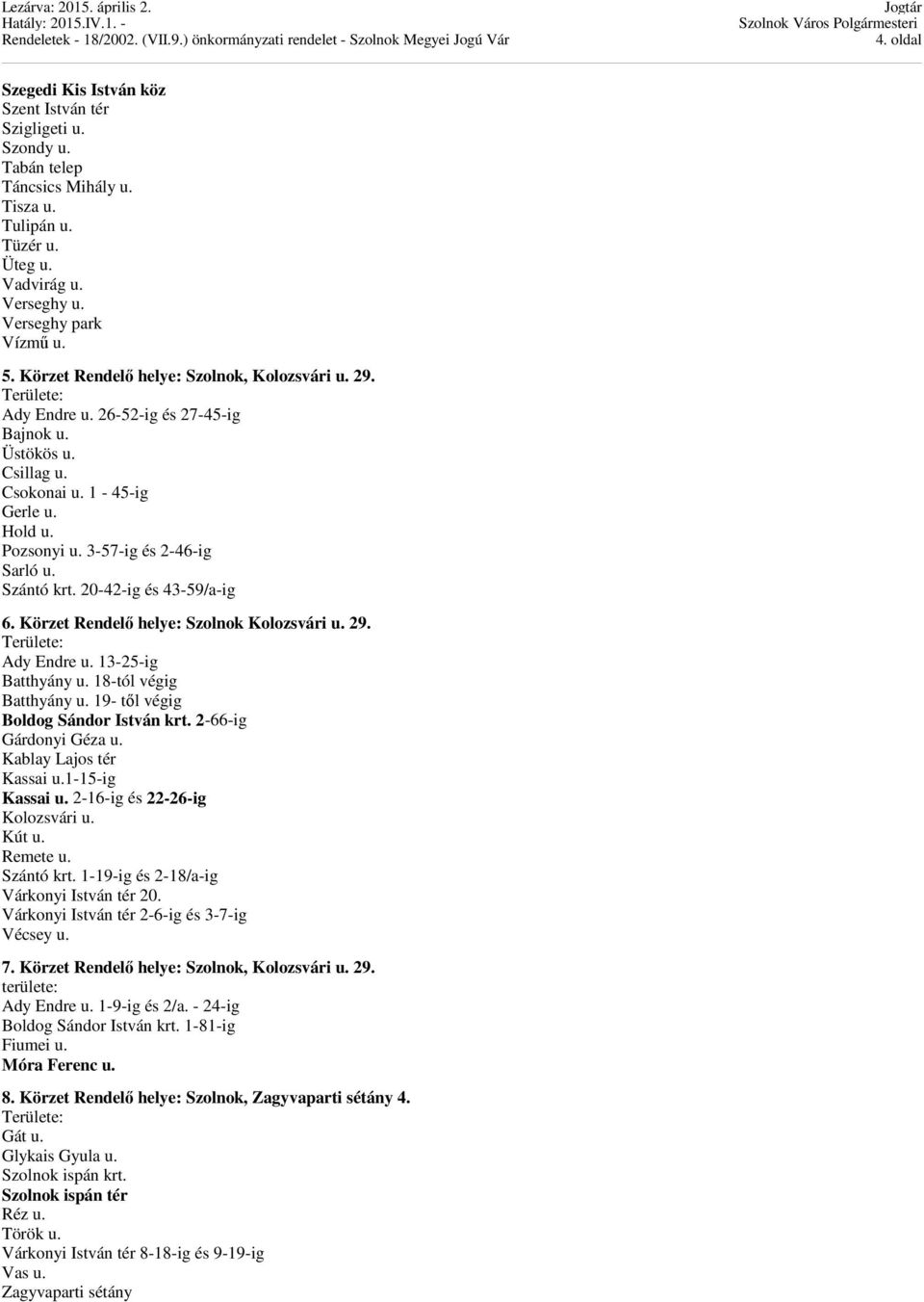 Szántó krt. 20-42-ig és 43-59/a-ig 6. Körzet Rendelő helye: Szolnok Kolozsvári u. 29. Ady Endre u. 13-25-ig Batthyány u. 18-tól végig Batthyány u. 19- től végig Boldog Sándor István krt.