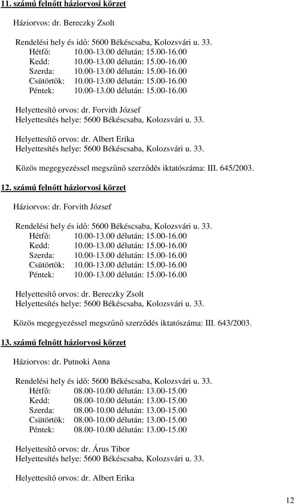 Forvith József Helyettesítés helye: 5600 Békéscsaba, Kolozsvári u. 33. Helyettesítı orvos: dr. Albert Erika Helyettesítés helye: 5600 Békéscsaba, Kolozsvári u. 33. Közös megegyezéssel megszőnı szerzıdés iktatószáma: III.