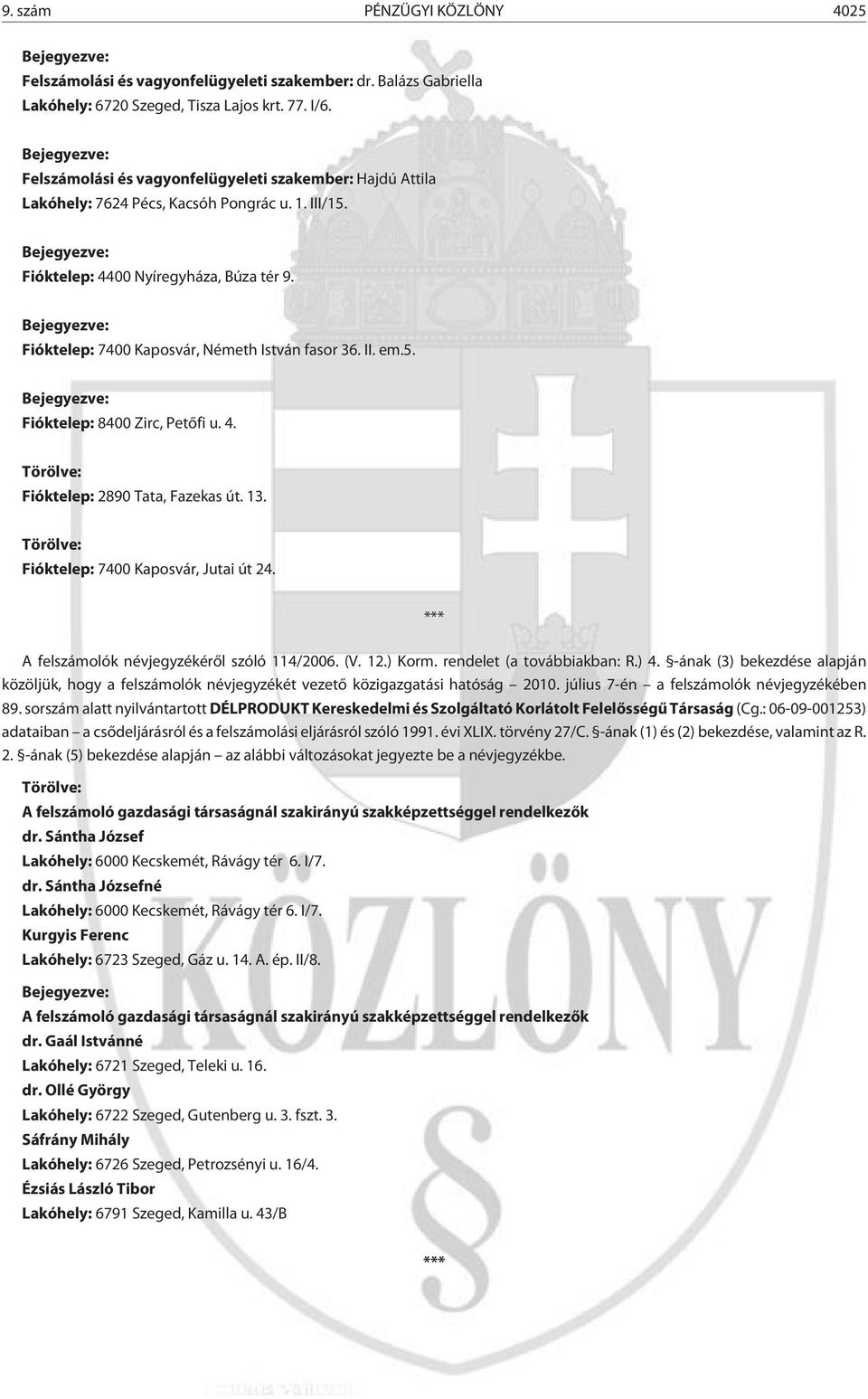 Bejegyezve: Fióktelep: 7400 Kaposvár, Németh István fasor 36. II. em.5. Bejegyezve: Fióktelep: 8400 Zirc, Petõfi u. 4. Törölve: Fióktelep: 2890 Tata, Fazekas út. 13.
