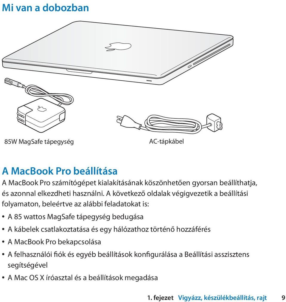 A következő oldalak végigvezetik a beállítási folyamaton, beleértve az alábbi feladatokat is: A 85 wattos MagSafe tápegység bedugása A kábelek