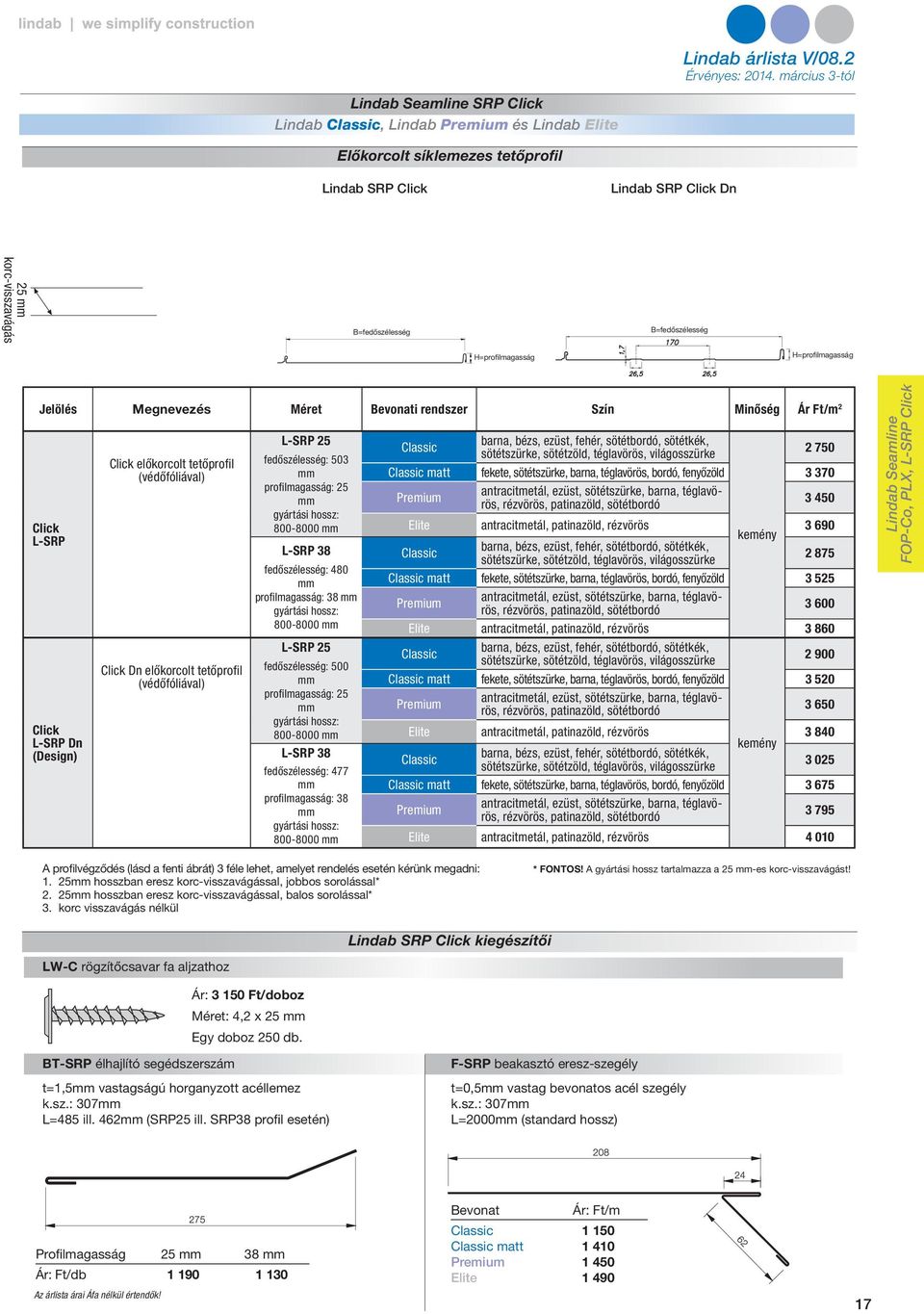 (védőfóliával) L-SRP 25 fedőszélesség: 503 profilmagasság: 25 gyártási hossz: 800-8000 L-SRP 38 fedőszélesség: 480 profilmagasság: 38 gyártási hossz: 800-8000 L-SRP 25 fedőszélesség: 500